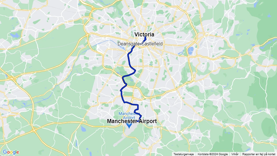 Manchester tram line Blue: Manchester Airport - Victoria route map
