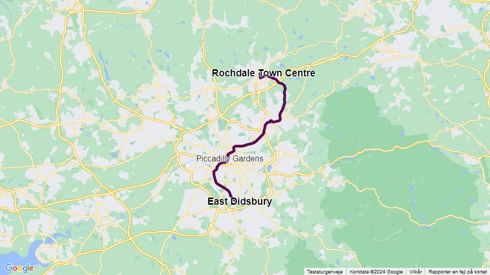 Manchester tram line Purple: East Didsbury - Rochdale Town Centre route map