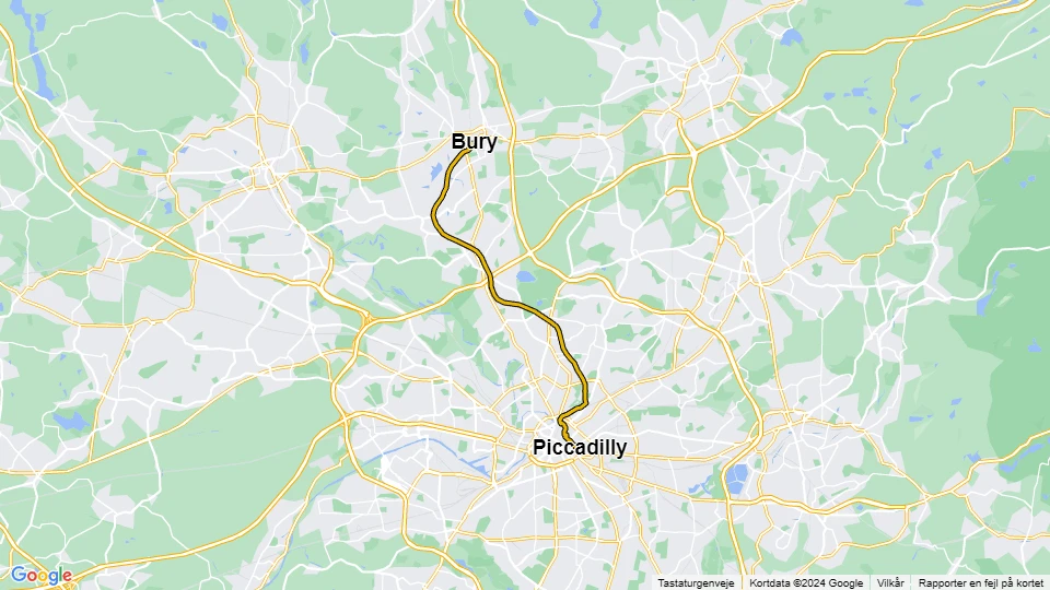 Manchester tram line Yellow: Bury - Piccadilly route map
