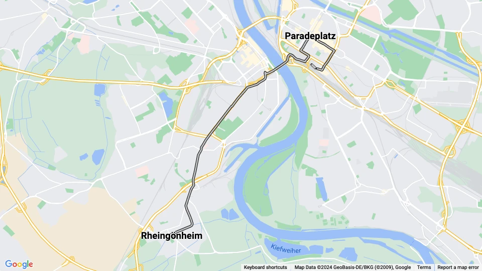 Mannheim extra line 17: Paradeplatz - Rheingönheim route map
