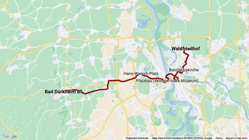 Mannheim regional line 4: Waldfriedhof - Bad Dürkheim Bf route map