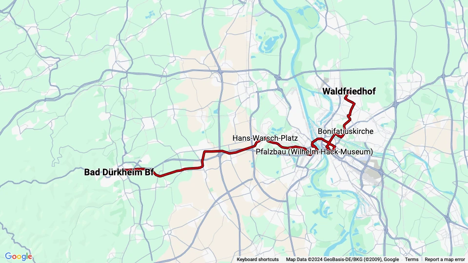 Mannheim Rhein-Haardtbahn 4: Waldfriedhof - Bad Dürkheim Bf route map