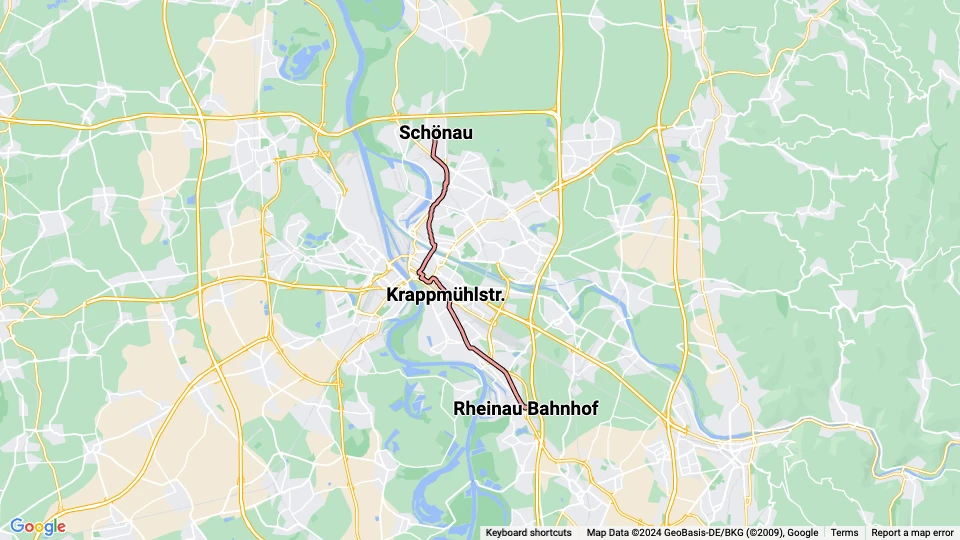 Mannheim tram line 1: Schönau - Rheinau Bahnhof route map