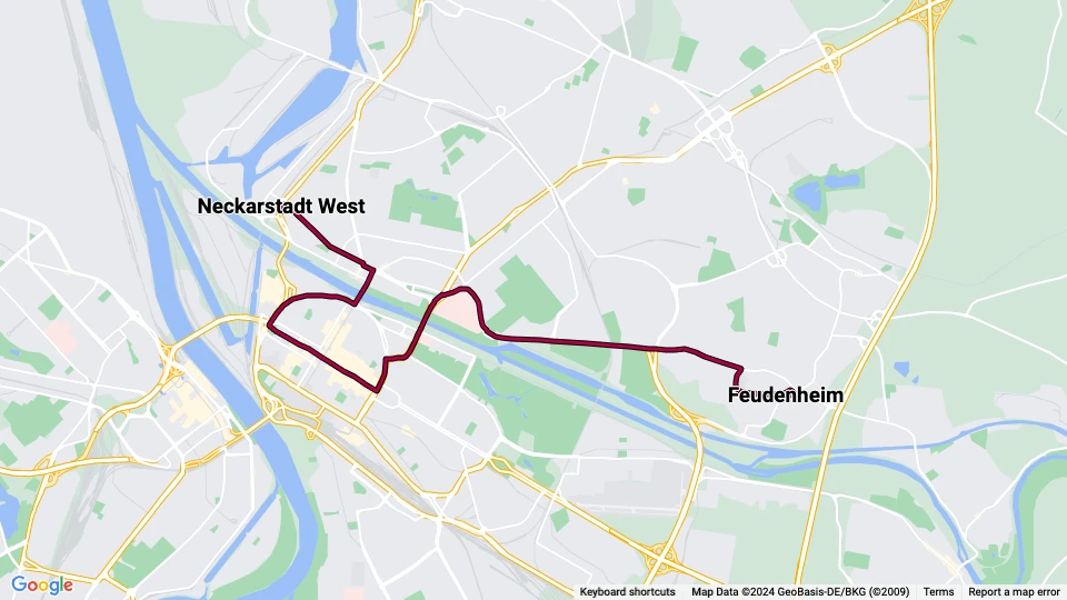 Mannheim tram line 2: Feudenheim - Neckarstadt West route map