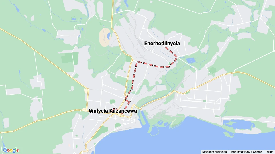Mariupol tram line 1: Enerhodilnycia - Wułycia Kazancewa route map