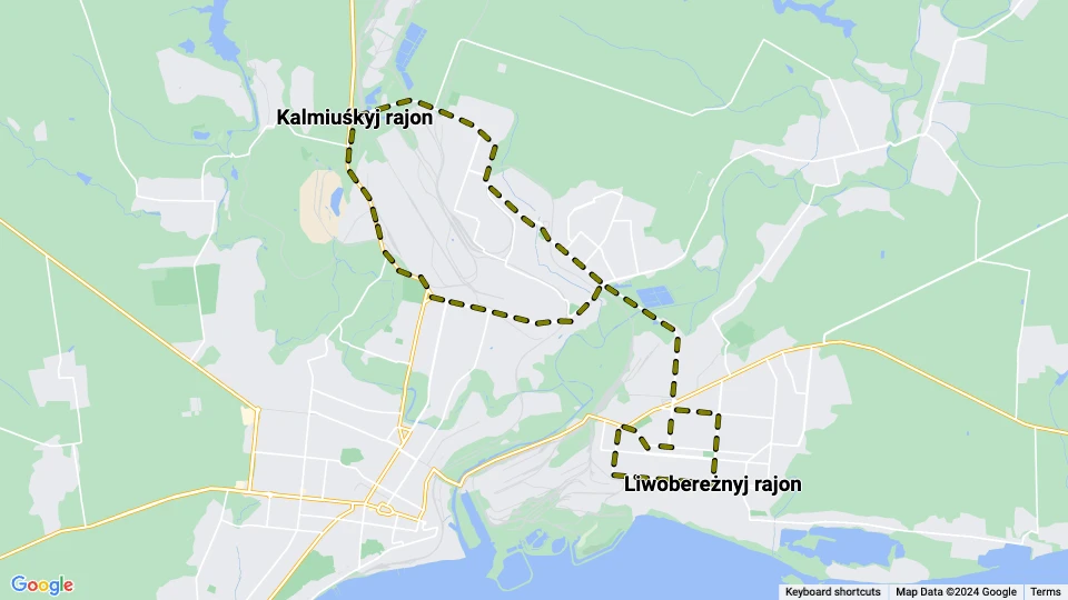 Mariupol tram line 11: Liwobereżnyj rajon - Kalmiuśkyj rajon route map