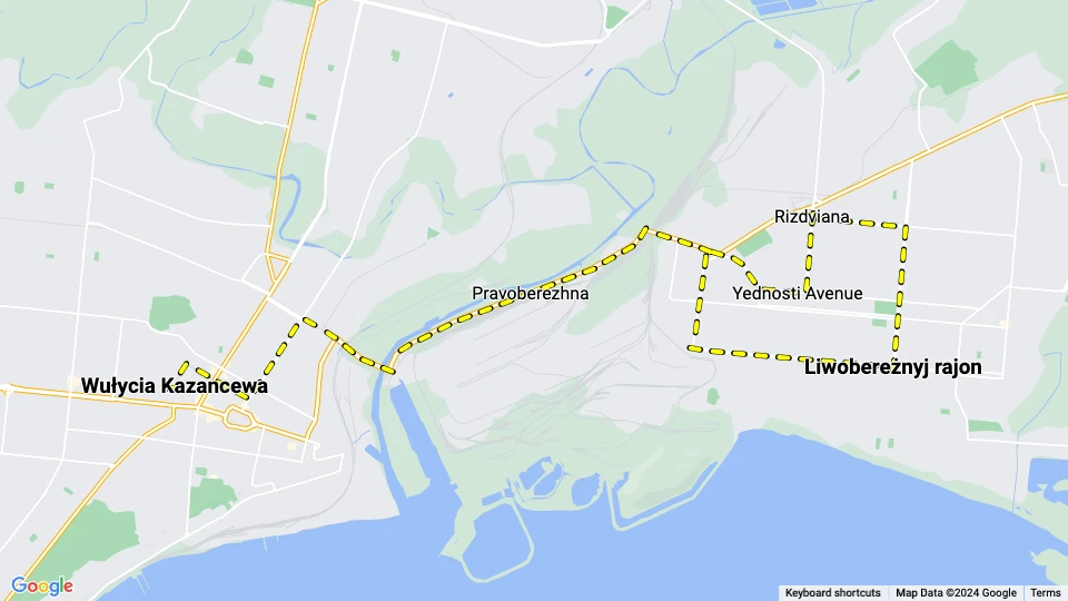 Mariupol tram line 5: Wułycia Kazancewa - Liwobereżnyj rajon route map