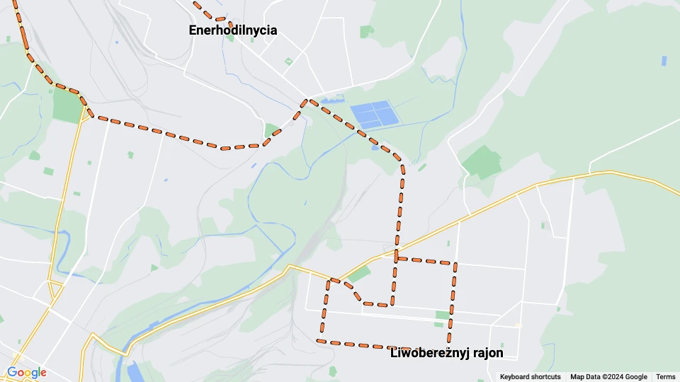 Mariupol tram line 9: Enerhodilnycia - Liwobereżnyj rajon route map