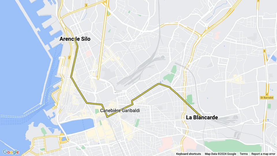 Marseille tram line T2: Arenc le Silo - La Blancarde route map