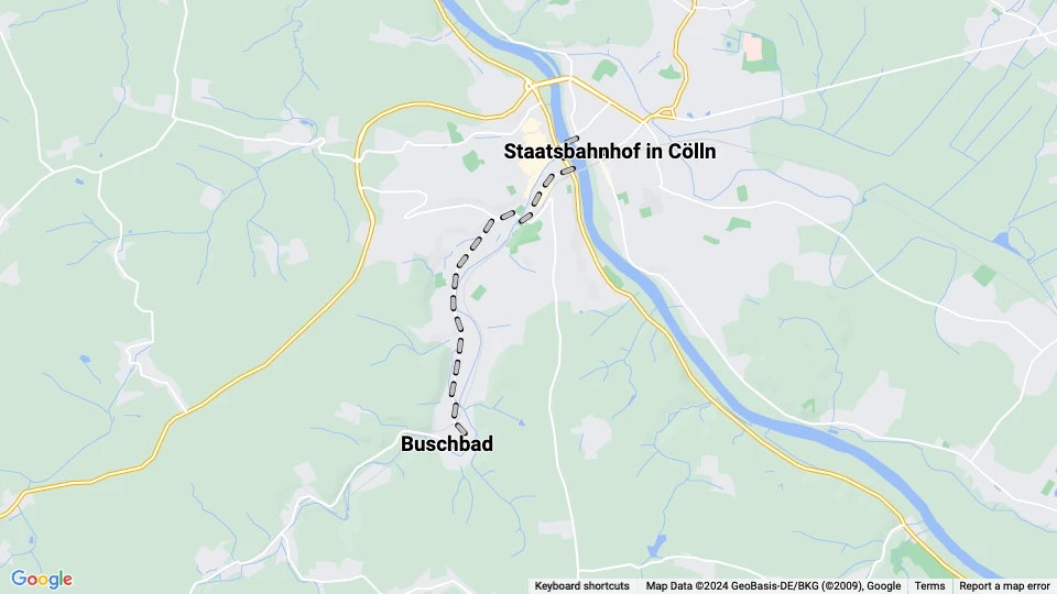 Meissen tram line: Staatsbahnhof in Cölln - Buschbad route map
