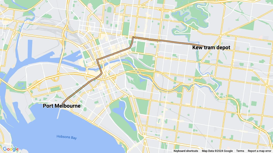 Melbourne extra line 109d: Port Melbourne - Kew tram depot route map