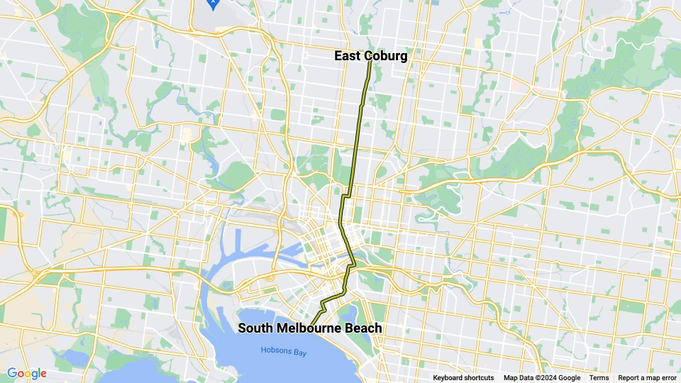 Melbourne tram line 1: East Coburg - South Melbourne Beach route map