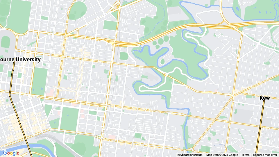 Melbourne tram line 16: Melbourne University - Kew route map