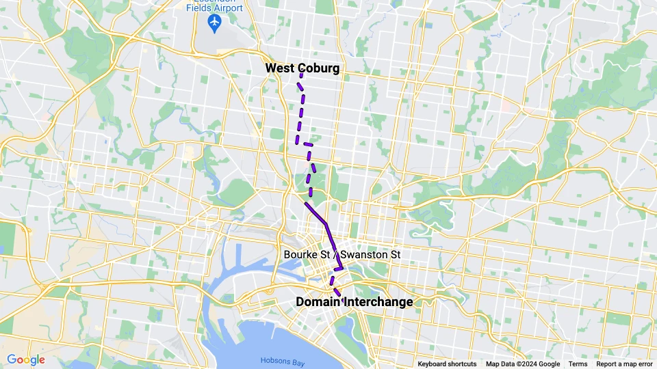 Melbourne tram line 55: West Coburg - Domain Interchange route map