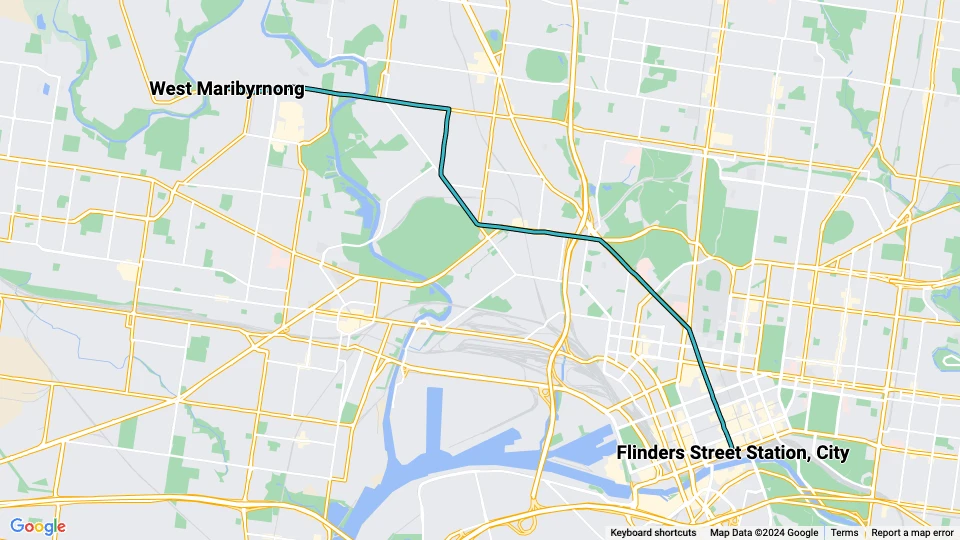 Melbourne tram line 57: West Maribyrnong - Flinders Street Station, City route map