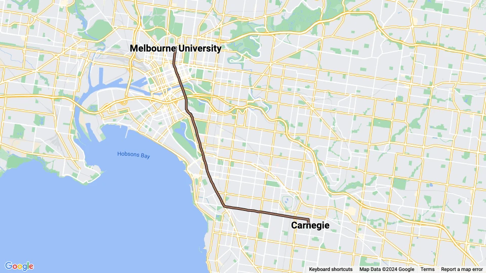 Melbourne tram line 67): Melbourne University - Carnegie route map