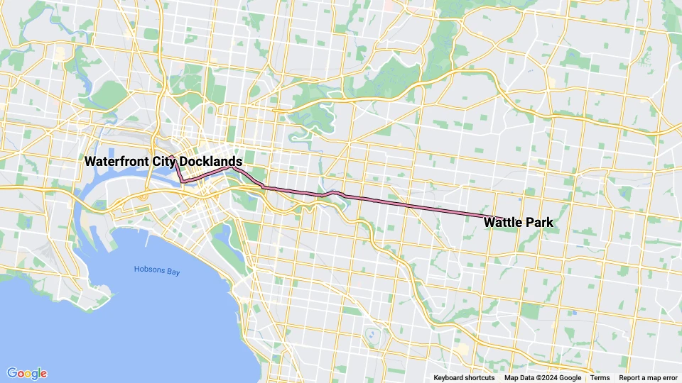Melbourne tram line 70: Waterfront City Docklands - Wattle Park route map