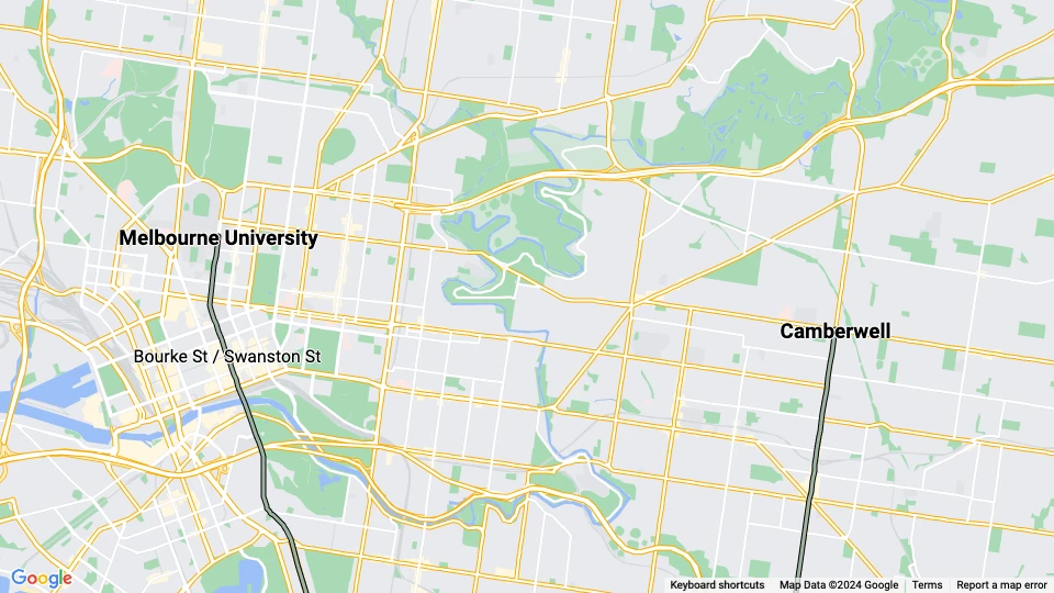 Melbourne tram line 72: Melbourne University - Camberwell route map