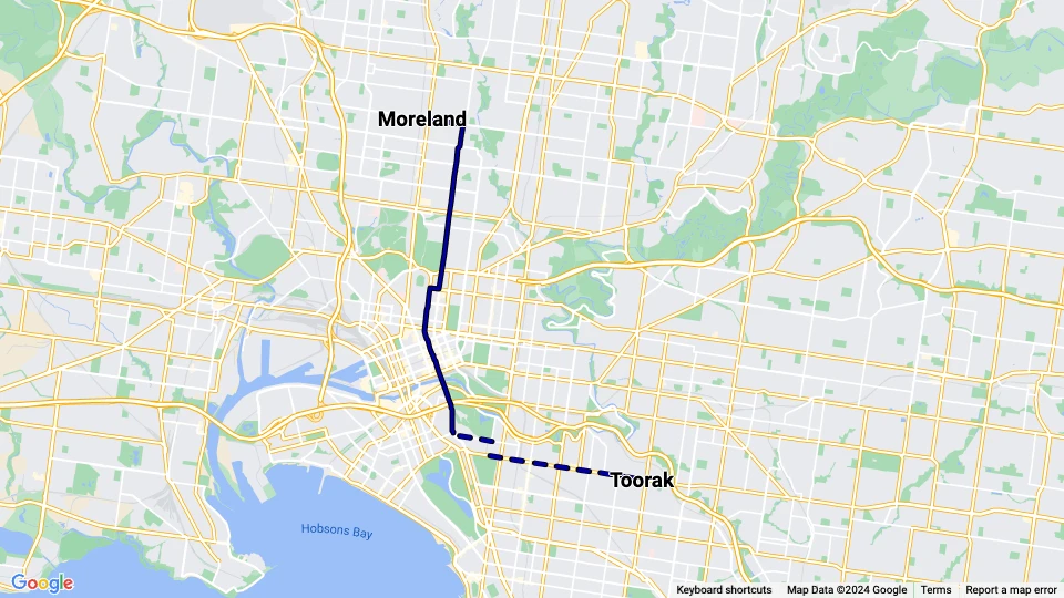 Melbourne tram line 8: Moreland - Toorak route map