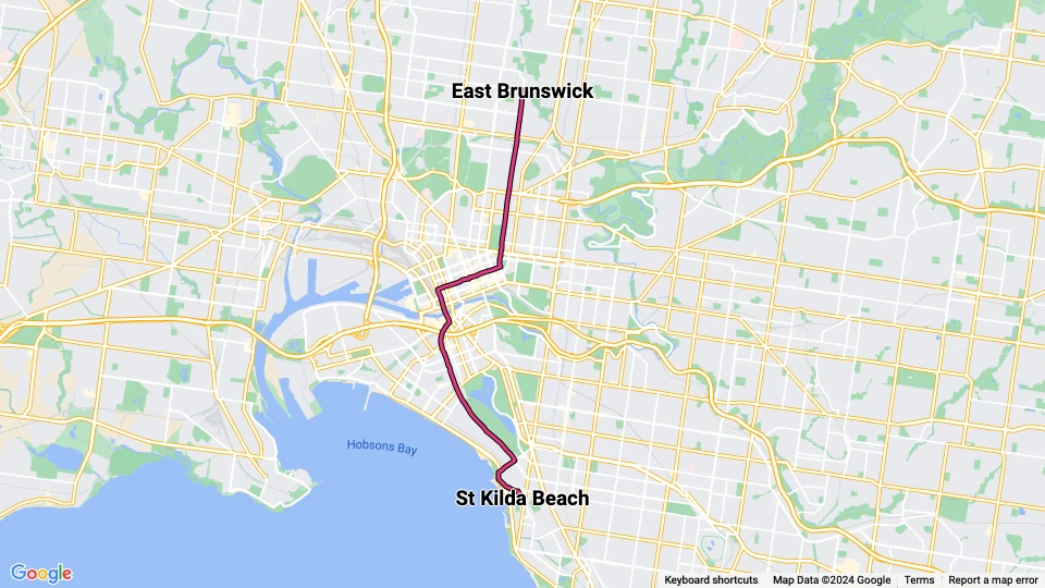 Melbourne tram line 96): East Brunswick - St Kilda Beach route map