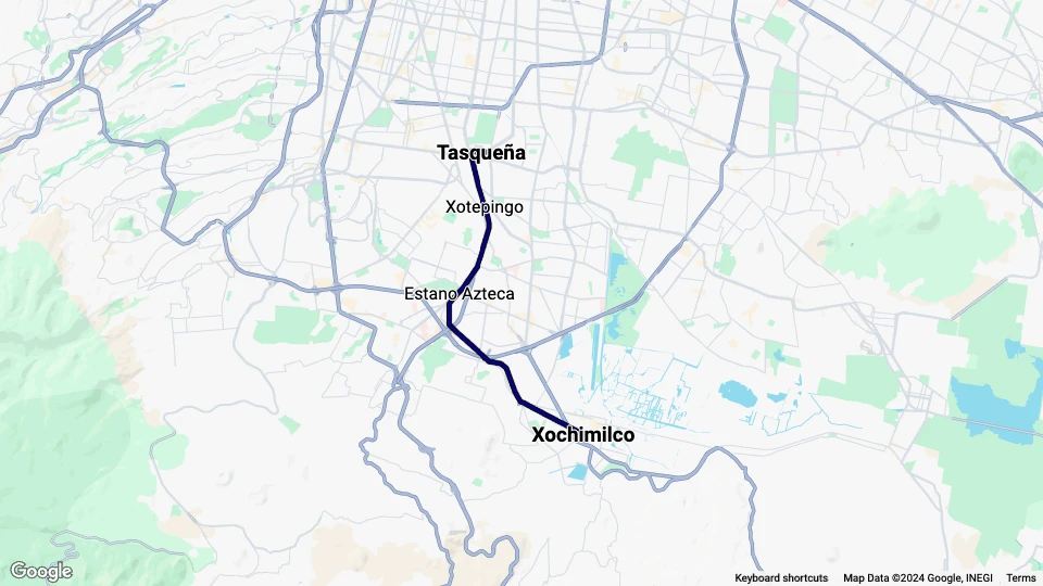 Mexico City tram line El Tren Ligero Línea 1: Tasqueña - Xochimilco route map