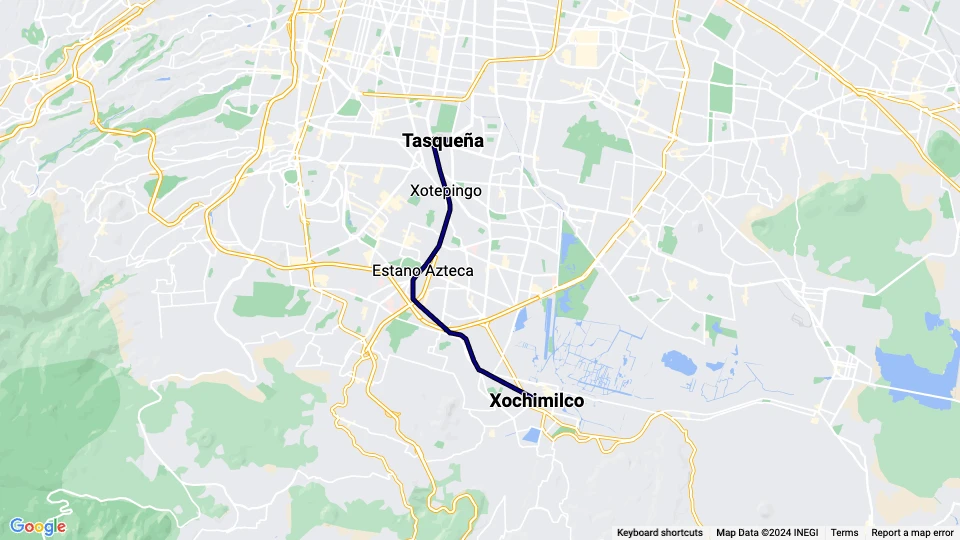 Mexico City tram line Tren Ligero (TL): Tasqueña - Xochimilco route map