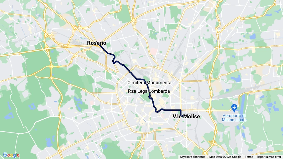 Milan tram line 12: Roserio - V.le Molise route map