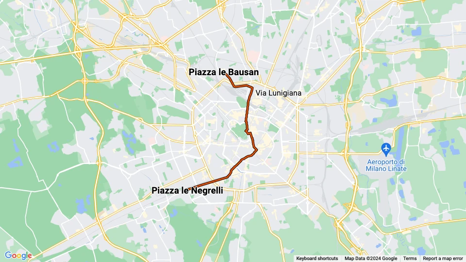 Milan tram line 2: Piazza le Bausan - Piazza le Negrelli route map