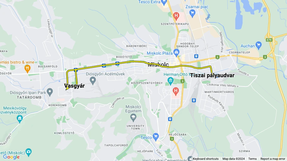 Miskolc tram line 2V: Tiszai pályaudvar - Vasgyár route map