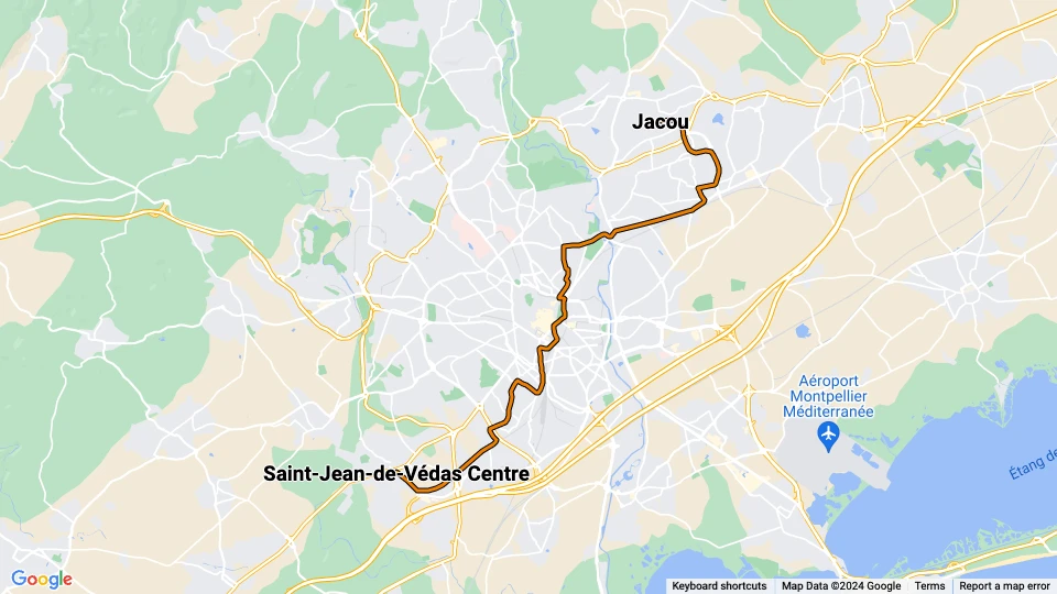 Montpellier tram line 2: Jacou - Saint-Jean-de-Védas Centre route map