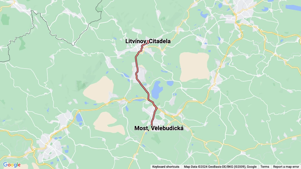 Most extra line 1: Litvínov, Citadela - Most, Velebudická route map