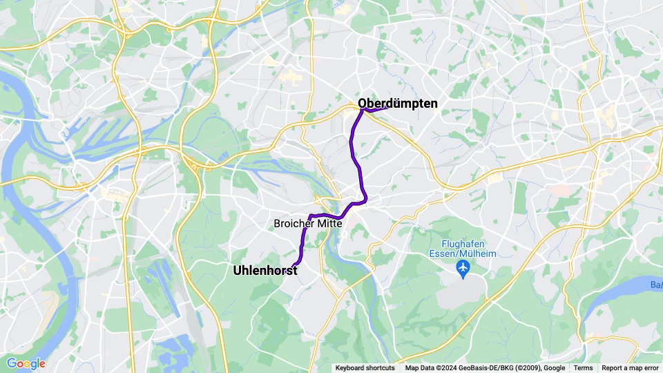 Mülheim tram line 102: Uhlenhorst - Oberdümpten route map