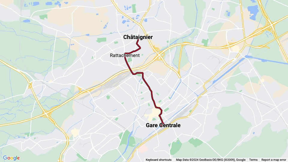 Mulhouse tram line 1: Gare Centrale - Châtaignier route map