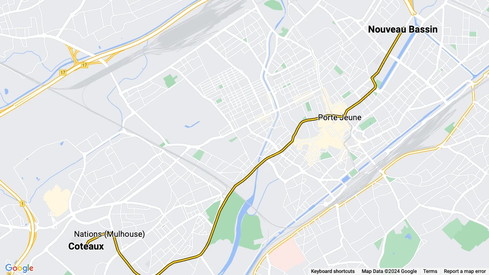 Mulhouse tram line 2: Coteaux - Nouveau Bassin route map
