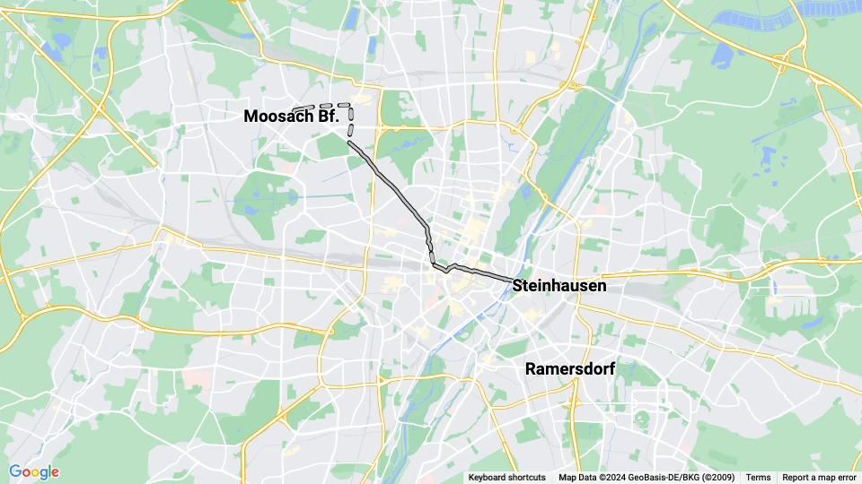 Munich tram line 1: Moosach Bf. - Steinhausen route map