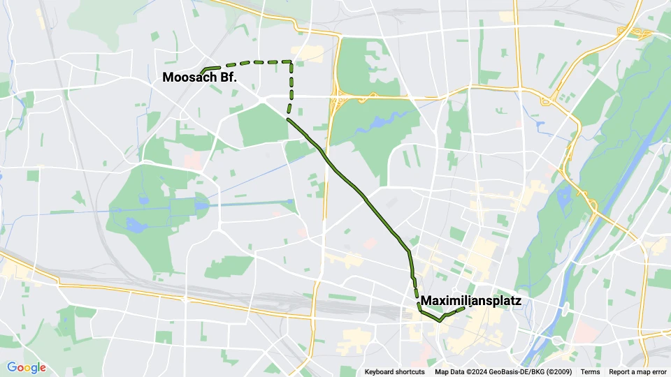Munich tram line 11: Maximiliansplatz - Moosach Bf. route map