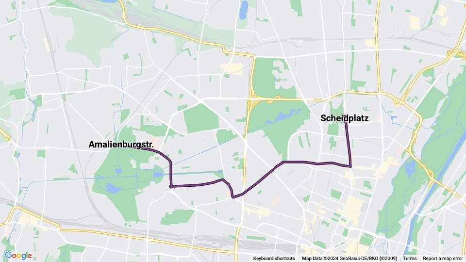 Munich tram line 12: Scheidplatz - Amalienburgstr. route map