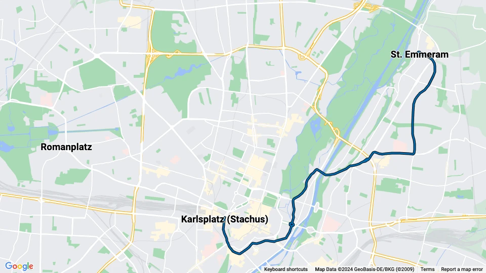 Munich tram line 16: St. Emmeram - Karlsplatz (Stachus) route map