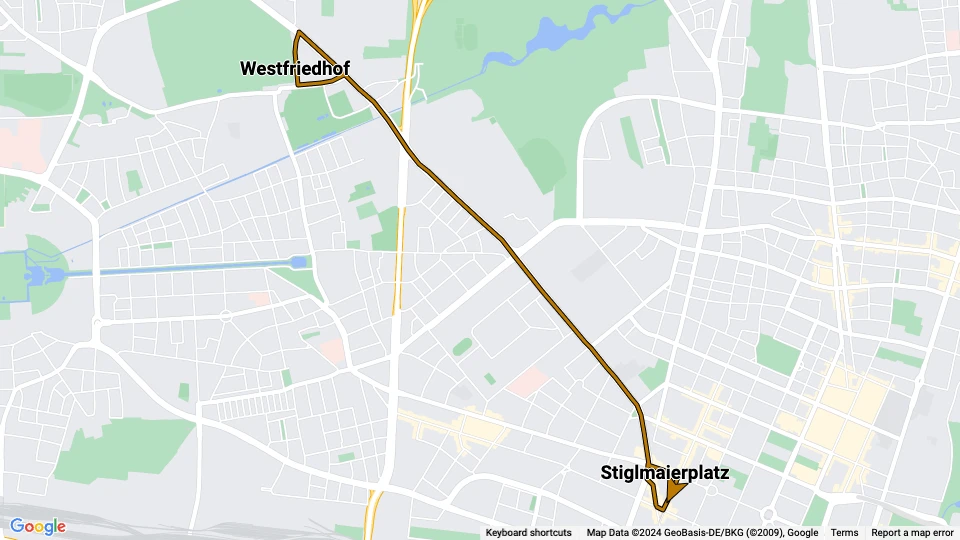 Munich tram line 21: Stiglmaierplatz - Westfriedhof route map
