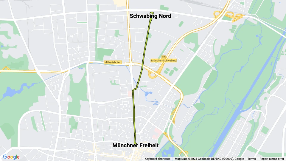 Munich tram line 23: Schwabing Nord - Münchner Freiheit route map