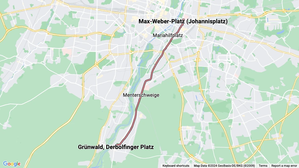 Munich tram line 25: Grünwald, Derbolfinger Platz - Max-Weber-Platz (Johannisplatz) route map