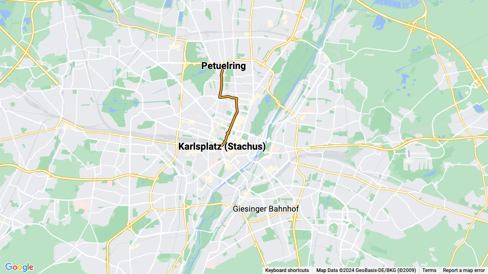 Munich tram line 27: Karlsplatz (Stachus) - Petuelring route map