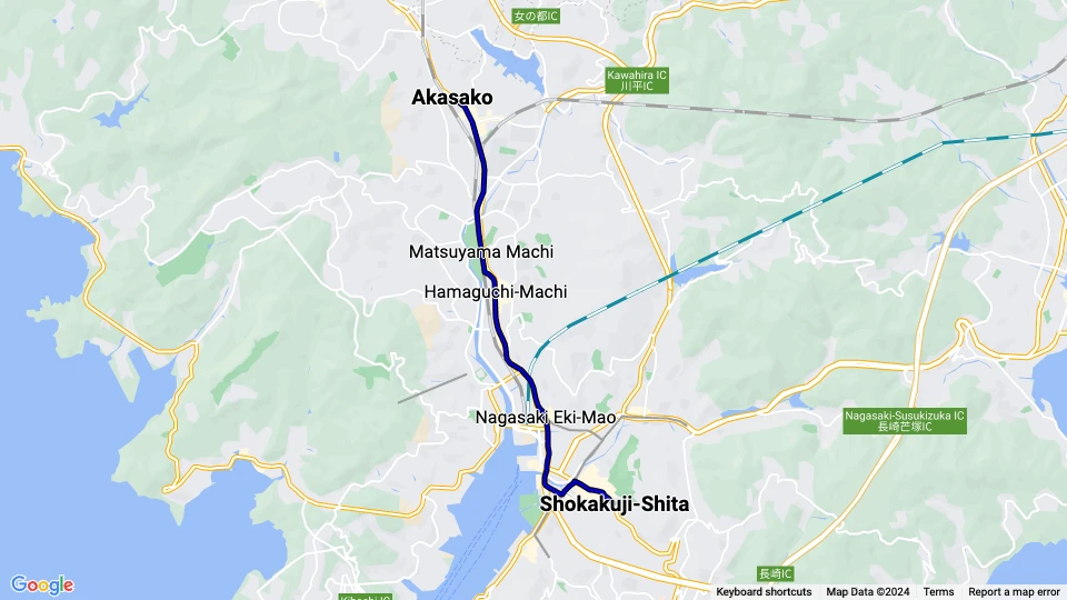 Nagasaki tram line 1: Akasako - Shokakuji-Shita route map