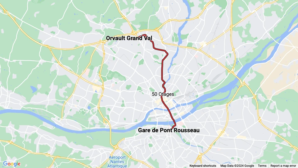Nantes tram line 2: Gare de Pont Rousseau - Orvault Grand Val route map