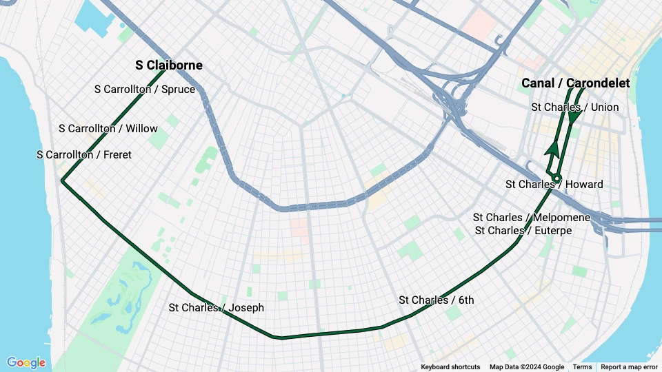 New Orleans line 12 St Charles Streetcar: S Claiborne - Canal / Carondelet route map