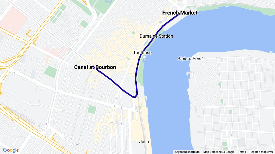 New Orleans line 2 Riverfront: French Market - Canal at Bourbon route map