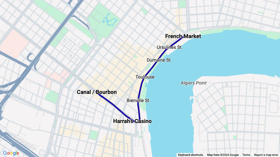 New Orleans line 2 Riverfront: French Market - Canal / Bourbon route map