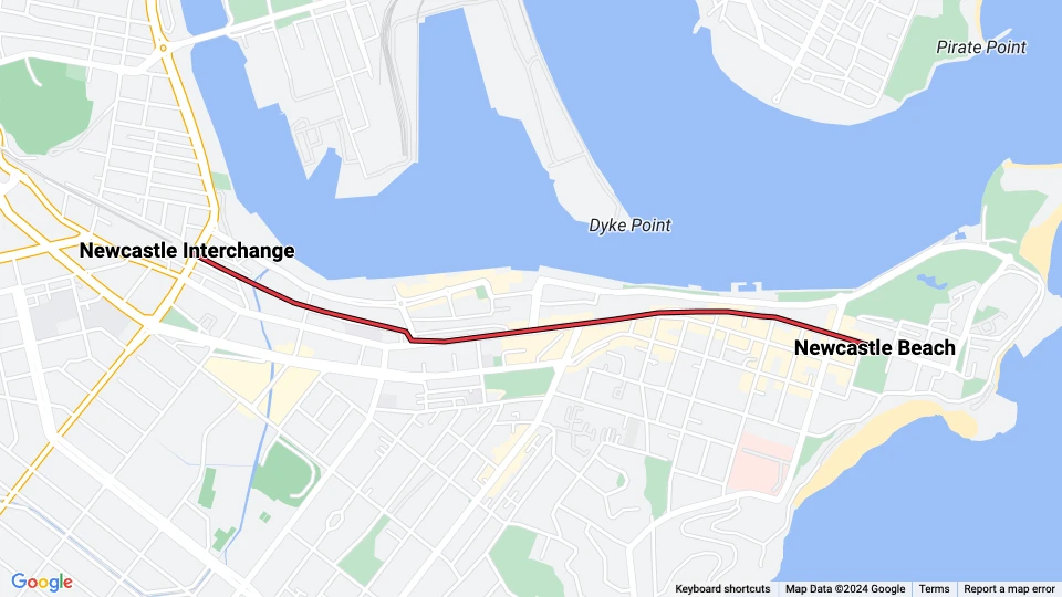 Newcastle tram line L: Newcastle Beach - Newcastle Interchange route map