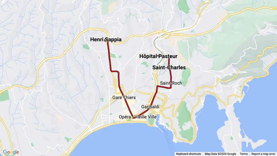 Nice tram line 1: Hôpital Pasteur - Henri Sappia route map