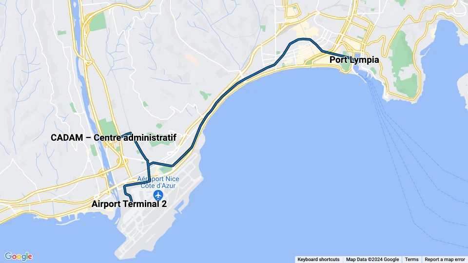 Nice tram line 2: Airport Terminal 2 - Port Lympia route map